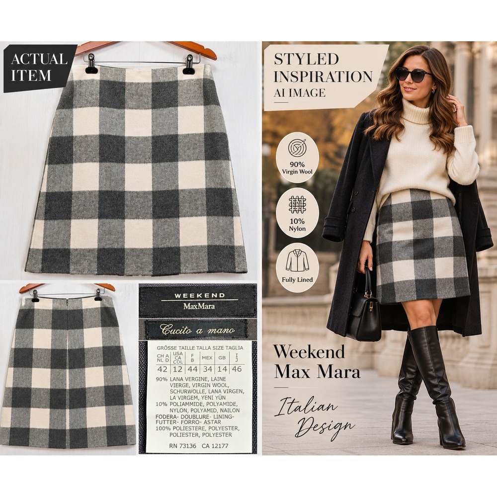 Weekend Max Mara Skirt Womens Wool Plaid Grey Cream 12 Excellent Dark Academia